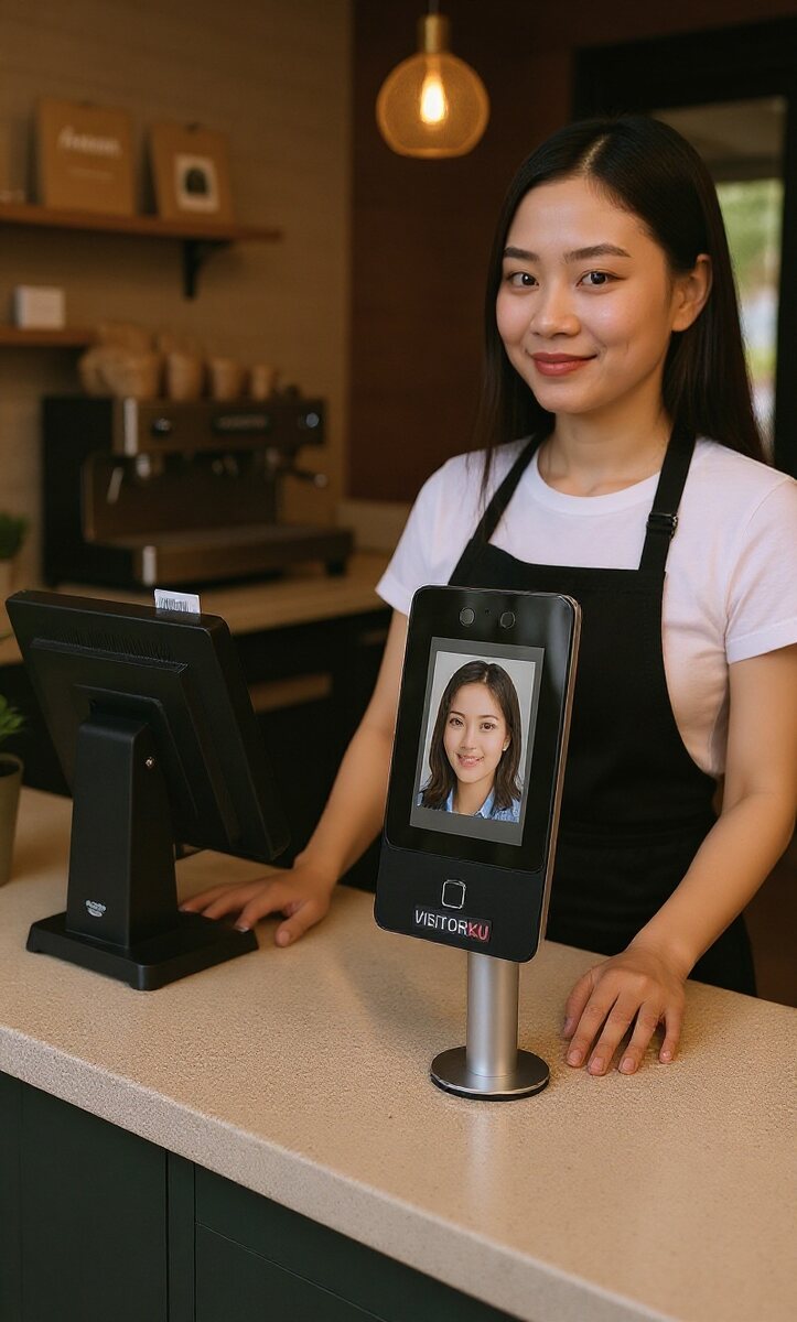 Thiết bị nhận diện khuôn mặt VISITORKU AI trên quầy thu ngân quán cà phê, đang nhận diện khách hàng bên cạnh máy POS
