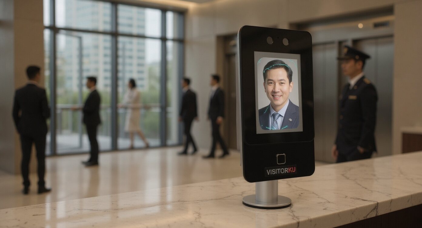 Modern Vietnamese office tower lobby with an AI face-verification device and floor-restricted elevator access