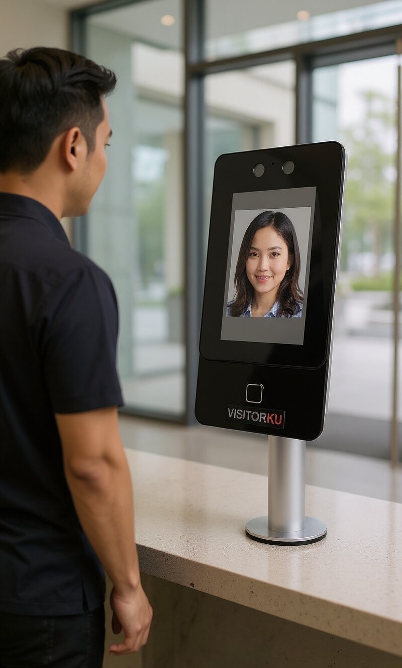 AI-generated image — VISITORKU AI device verifying a visitor's face at an office tower lobby